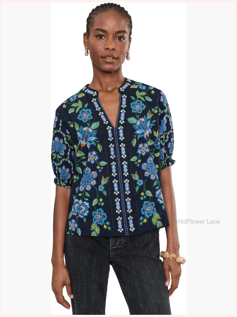 Smocked Sleeve Blouse With Floral Print - Classic Fit - Rayon Blend